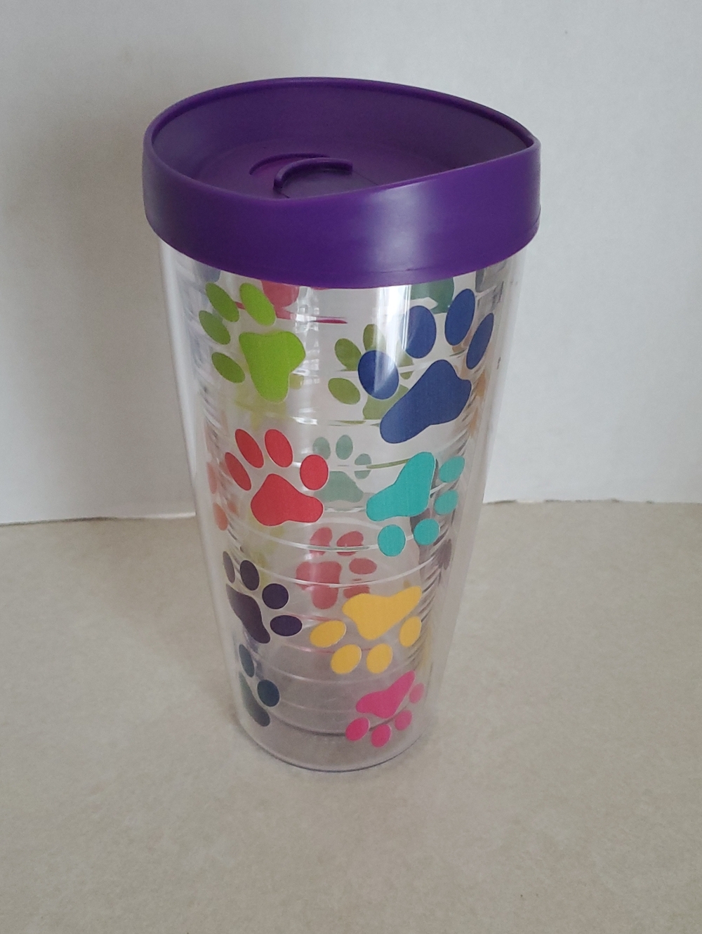 Purple-Lid Paw Print Travel Tumbler